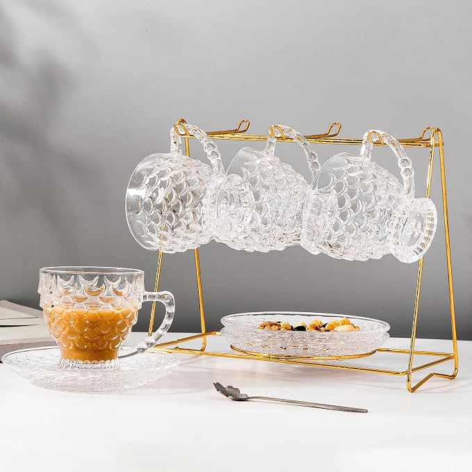 Glass Tea Cups and Saucers Set of 6