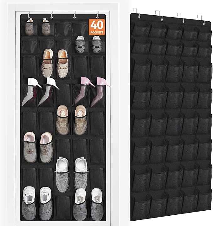 FENTEC 40 Large Pockets Over The Door Shoe Organizer, Mesh Hanging Shoe Organizer Shoe Rack for Closet Mesh Closet Shoe Holder, Over Door Organizer, Shoe Organizer for Wall, Black, 1 Pack