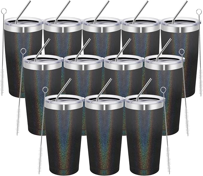 MEWAY 20oz Tumbler 12 Pack Double Wall Vacuum Insulated Travel Glitter Mug Bulk, Stainless Steel Tumblers with Lid and Straw, Powder Coated Coffee Cups for Woman(Gradient Black,Set of 12)