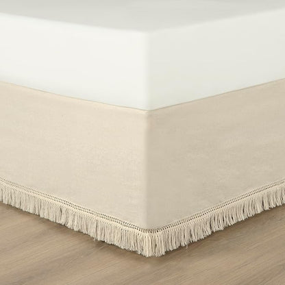 Lush Decor Boho Fringe 15-Inch Tailored Drop Easy Fit Bedskirt, Queen, Neutral