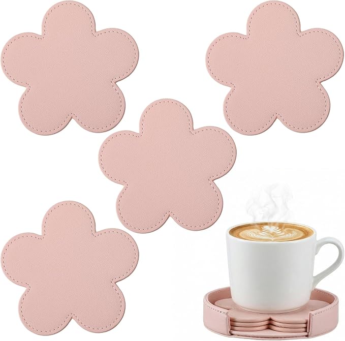 Nuanchu 4 Pcs PU Leather Flower Coasters