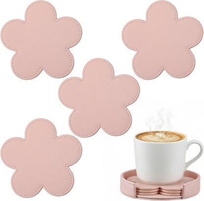 Nuanchu 4 Pcs PU Leather Flower Coasters