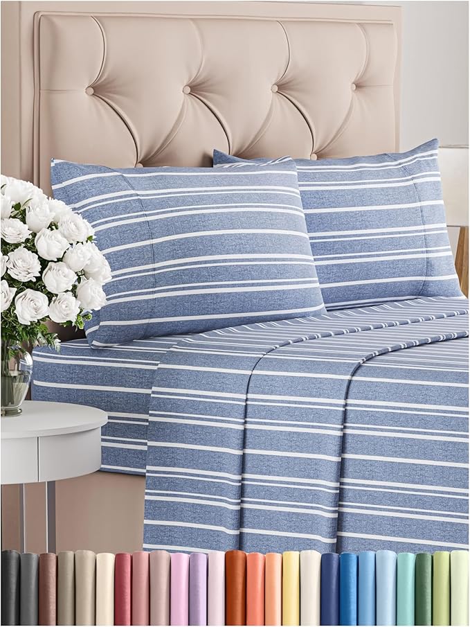 Full Size 4 Piece Sheet Set - Comfy Breathable & Cooling Bed Sheets Set - Hotel Luxury Bedding for Women, Men, Kids, Teens, Boys & Girls - Deep Pockets, Soft, Wrinkle Free - Oeko-Tex - Blue Stripes 3