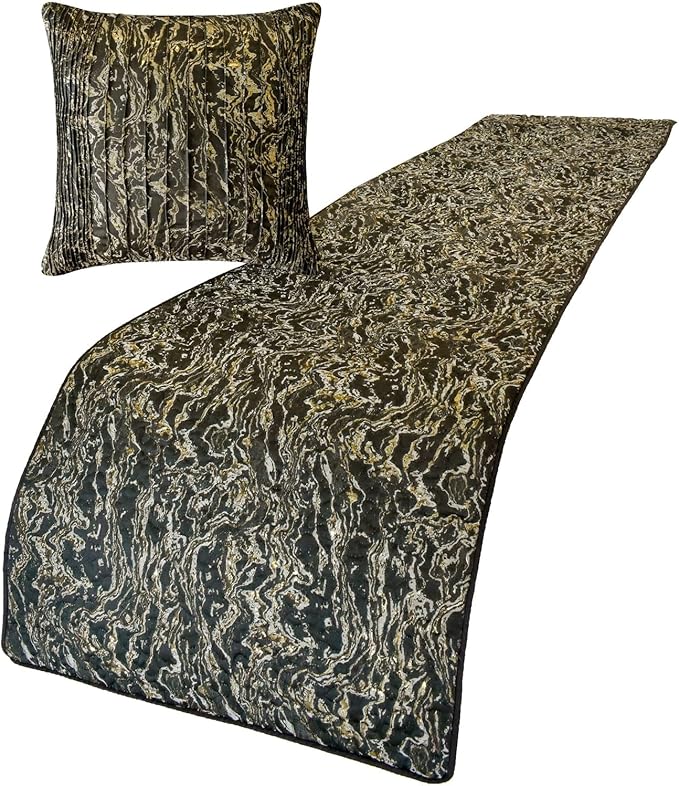 The HomeCentric King/Queen/Twin Black Decorative Bed Runner Queen 74"x18" Bed Runner with One Pillow Cover, Marble Pattern, Pintucks, Quilted Bed Scarf on Jacquard Fabric - Stellaris