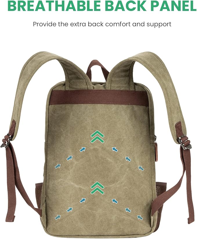 Modoker Vintage Backpack for Men Women, Canvas Bookpack Fits Most 15.6 Inches Computer and Tablets, Rucksack Backpack with USB Charging Port, Army Green
