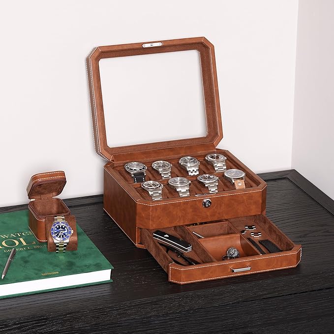ROTHWELL 8 Slot Leather Watch Box with Valet Drawer - Luxury Case Display Jewelry Organizer, Locking Display Case Holder, Real Glass Top - Watch Box Organizer for Men & Women (Tan/Brown)
