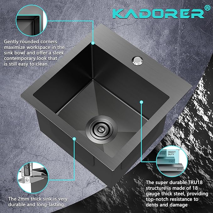 15 x 15 Inch Black Drop In Kitchen Sink - Single Bowl Topmount Bar Prep Sink, 18 Gauge Stainless Steel with Grid and Basket Strainer