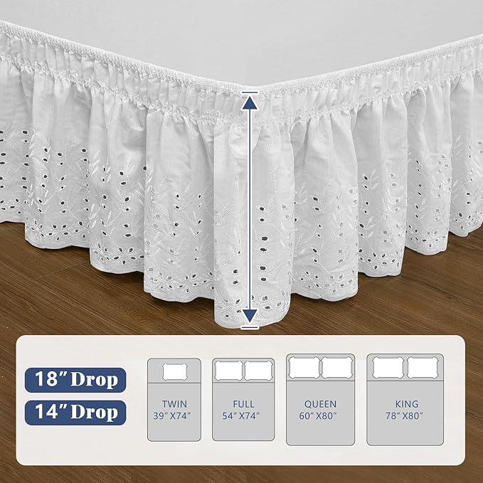 Queen Bed Skirt, Wrap-Around Elastic Ruffled Eyelet Bed Skirt Queen Size Dust Ruffle with Gathered Styling and Embroidered Details, 18" Drop Length (White)