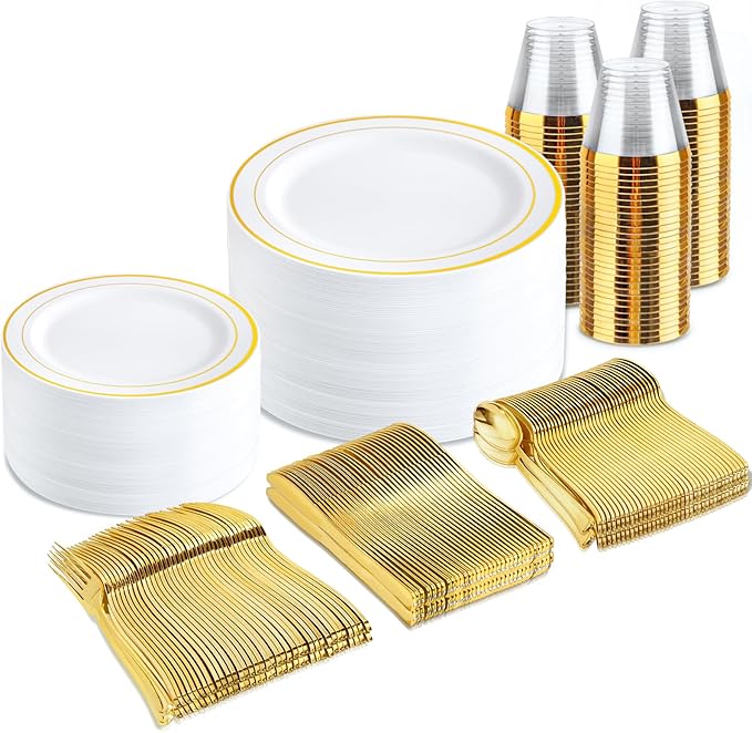 bUCLA 300PCS Gold Disposable Dinnerware Set