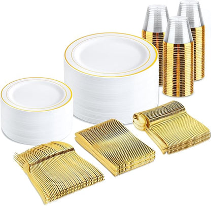 bUCLA 300PCS Gold Disposable Dinnerware Set