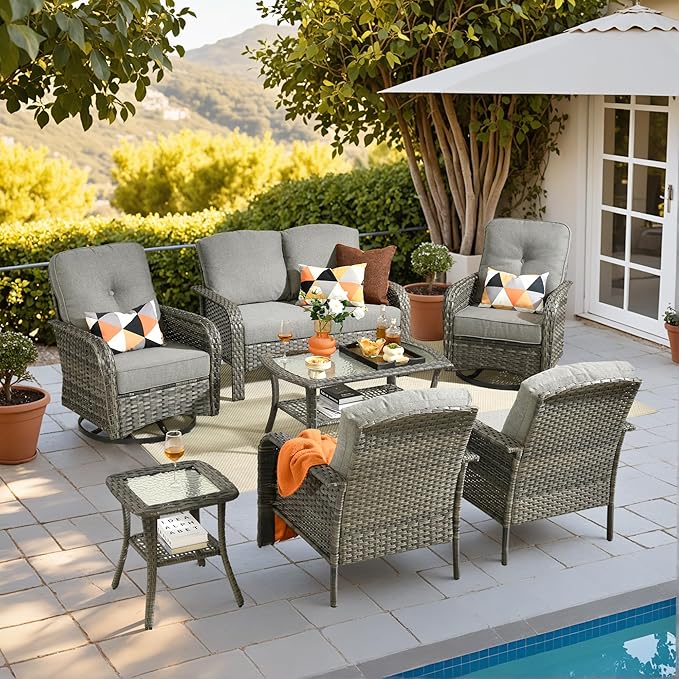 HOOOWOOO Patio Furniture Set,7 Pieces Outdoor Conversation Set,All Weather Wicker Loveseat Sofa Set with High Back Swivel Rocking Chairs Tables,Dark Gray