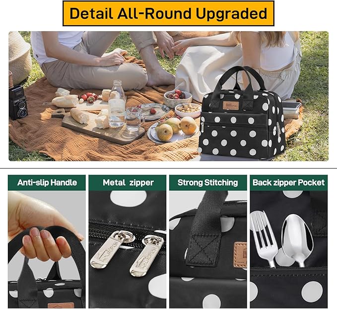 HOMESPON Insulated Lunch Bag for Women Men Lunch Box Cooler Lunch Tote for Work Picnic (Polka Dots)