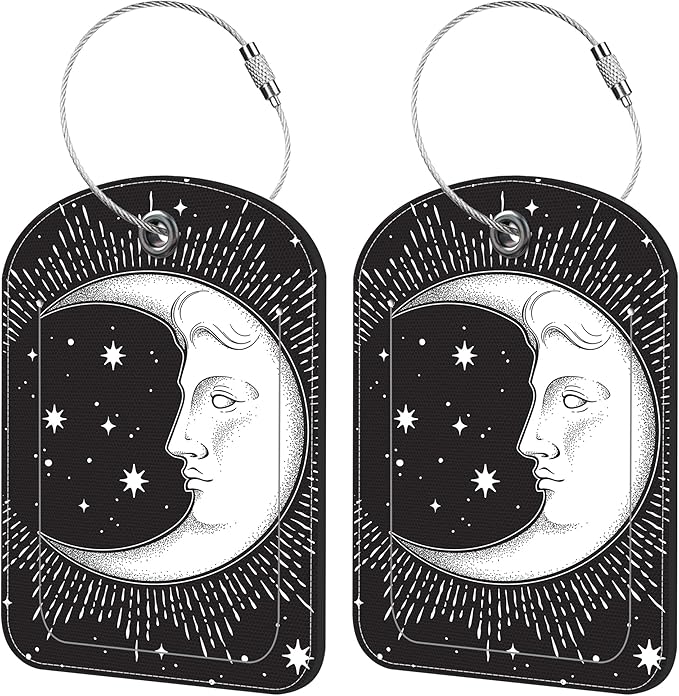 2 Pack Cute Luggage Tag for Suitcases Crescent Moon Leather Luggage Tags with Stainless Steel Loop Privacy Flap Name Tags,Men and Women Travel Bag Suitcase Tags