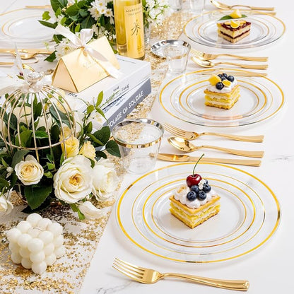 bUCLA 600PCS Clear Plates with Gold Trim