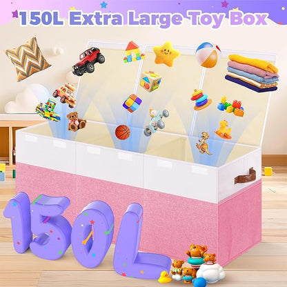 Extra Large Toy Storage Box with Lid, Collapsible Sturdy Toys Chest Storage Organizer Bin Basket with Divider for Kids, Boys, Girls, Closet, Playroom, Bedroom, Nursery, 40"X14"X16", Pink & White