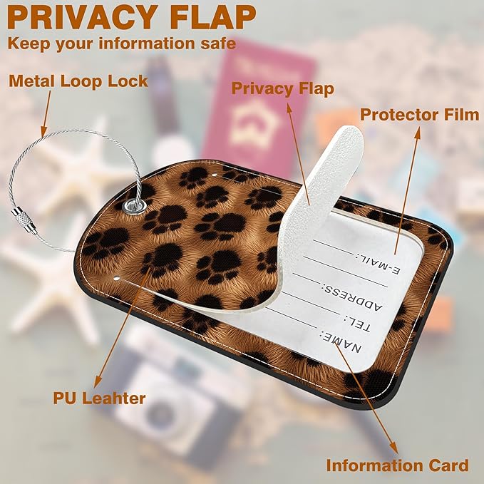 Brown Black Animal Print Paw Prints Leather Luggage Tag for Suitcase 2 Pack Luggage Tag with Privacy Name ID Label and Stainless Steel Loop for Travel Bag Suitcase