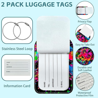 Colored Lion Head Luggage Tag for Suitcase Set of 2 PU Leather Cute Luggage Tags with Stainless Metal Loop ID Label Privacy Flap Suitcase Tags for Women and Men Travel