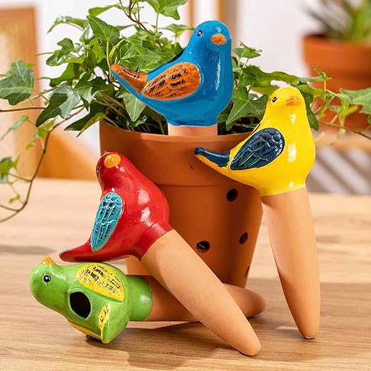 4 Pack Self Watering Bird Shaped Globes, Terracotta Vacation Planters Devices