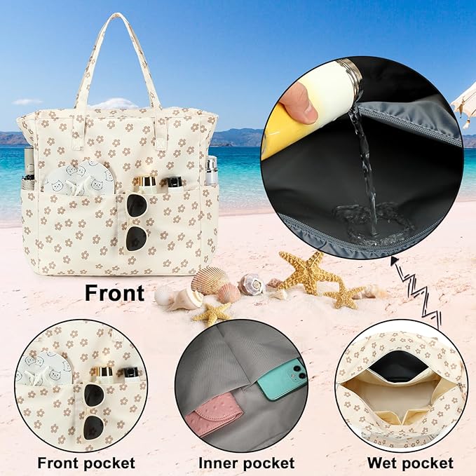 Beach Pool Bags Tote for Women Ladies Large Gym Tote Carry On Bag With Wet Compartment for Weekender Travel Waterproof