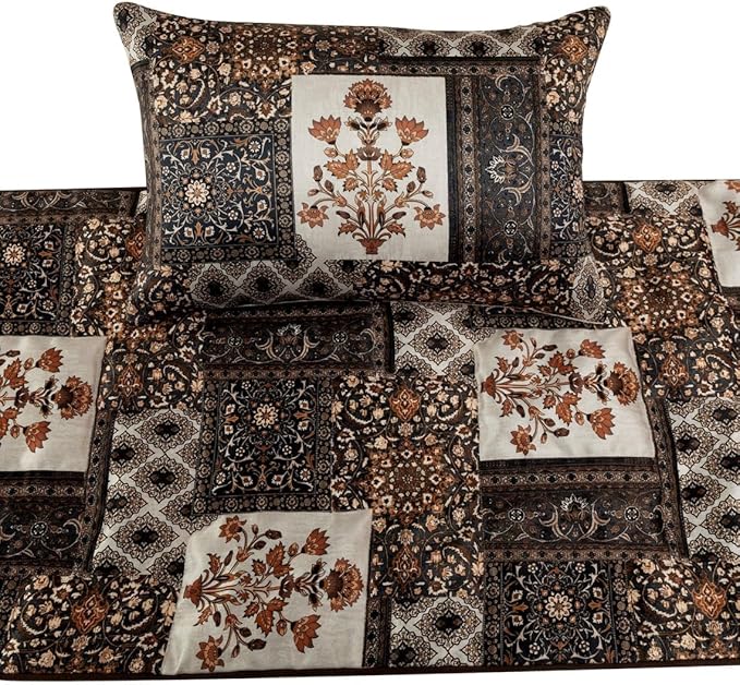 The HomeCentric King/Queen/Twin Brown Decorative King 90"x18" Bed Runner with 2 Pillow Cover Quilted Bed Scarf on Satin Fabric - Parisa