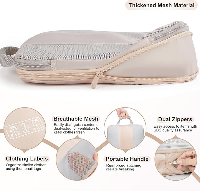 6 Set Compression Packing Cubes for Travel Essentials,Compressible Expandable Packing Cubes for Suitcase,OlarHike Luggage Organizer Bags for Travel,Handy Helper for Organizing Clothes(Beige)