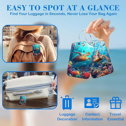 Sea Turtle Luggage Tags for Suitcases Leather Travel Tags for Luggage ID Label with Privacy Cover and Stainless Steel Loop for Men Women Suitcase Backpack, Set of 2