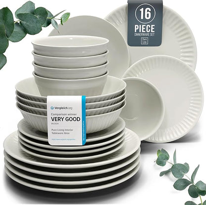 Stoneware Dinnerware Set for 4 People HYGGE 16-Piece - Elegant Scandi Design - Premium Dish Set - Bowl and Plate Set - Tableware for 4 People in a Ribbed Design - Pure Living in Beige
