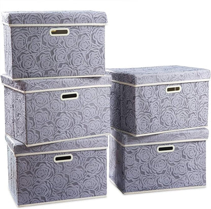PRANDOM Large Storage Boxes with Lids [5-Pack] Fabric Decorative Storage Bins Cubes Organizer Containers Baskets with Handles for Closet Grey 17.5x11.8x11.8 In For 6+ Year Old Boys and Girls