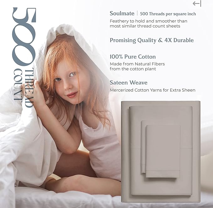 Mayfair Linen 500 Thread Count Twin Cotton Sheets - 3 PC Twin Size Bed Sheet Set Cotton (Taupe), Soft, Cooling, Sateen Hotel-Quality 16" Deep Pocket Bedsheet for Hot Sleepers (Fits 18" Mattress)