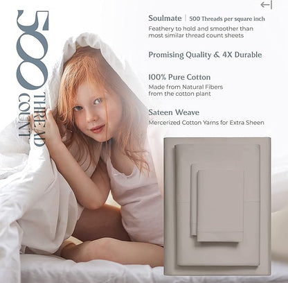 Mayfair Linen 500 Thread Count Twin Cotton Sheets - 3 PC Twin Size Bed Sheet Set Cotton (Taupe), Soft, Cooling, Sateen Hotel-Quality 16" Deep Pocket Bedsheet for Hot Sleepers (Fits 18" Mattress)