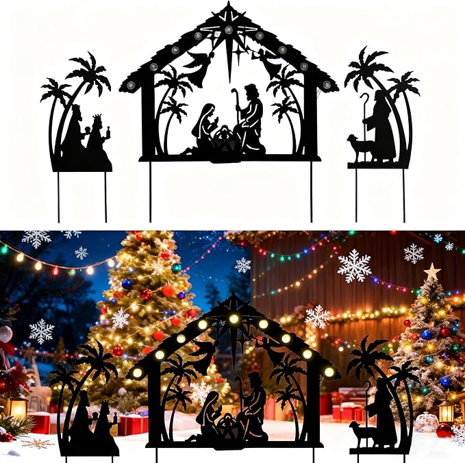 3Pack Lighted Metal Nativity Scene Garden Stake, Solar Christmas Decorations