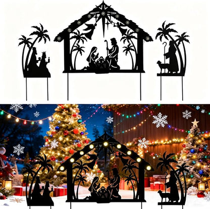 3Pack Lighted Metal Nativity Scene Garden Stake, Solar Christmas Decorations