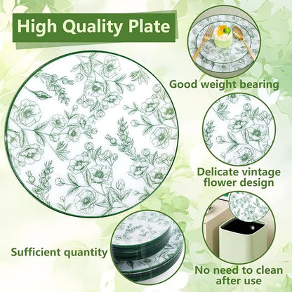 60PCS Green Floral Plastic Plates