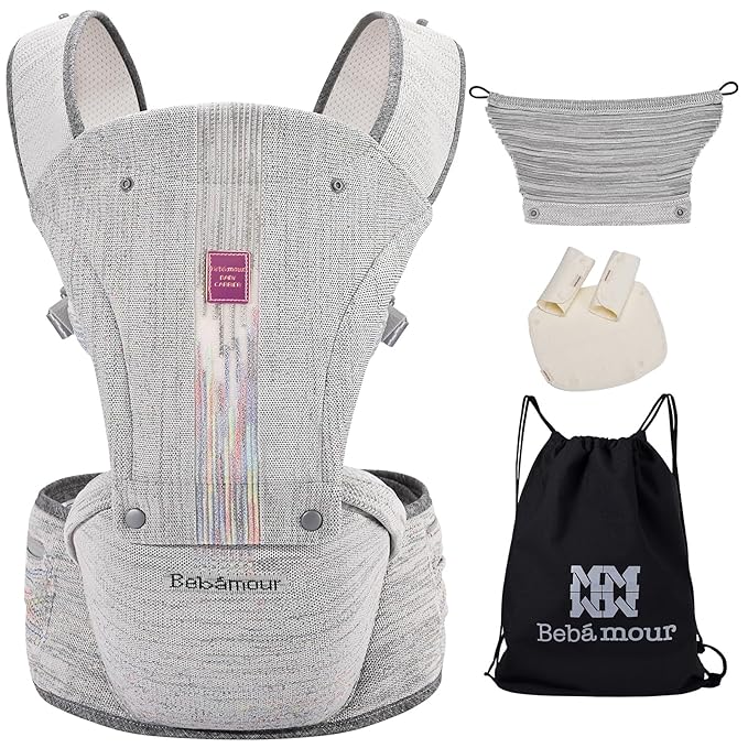Bebamour Baby Carrier Newborn to Toddler with Hip Seat Baby Carrier Front and Back Carry Carrier with Head Hood, 3 PCS Teething Pads,Storage Bag (Gray-Knit)
