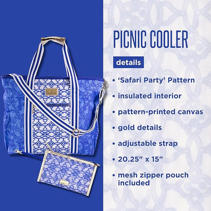 Lilly Pulitzer Picnic & Beach Cooler Bag, Insulated Soft Cooler with Adjustable Strap, Zippered Top & Pocket, Large for Groceries or Travel, Safari Party
