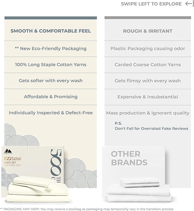 Mayfair Linen 100% Cotton Bed Sheets California King Sheet Set - 500 Thread Count Sheets Cal King Size 4 PC Set (Ivory), Soft, Cooling, 16" Deep Pocket Sateen Weave Cotton Bedsheet for Hot Sleepers