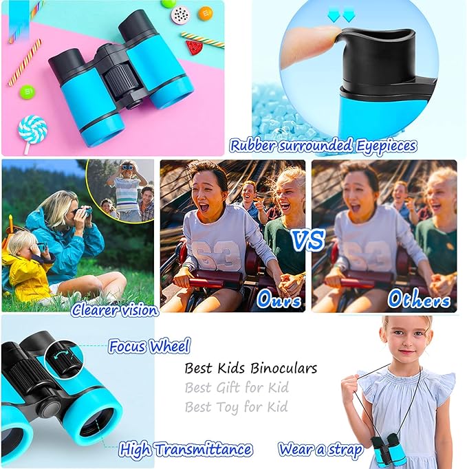 Kids Binoculars Best Gifts for 3-12 Years Boys Girls High-Resolution Optics Shockproof Mini Compact Binocuolar Toys Folding Small Telescope for Bird Watching Camping Outdoor Play