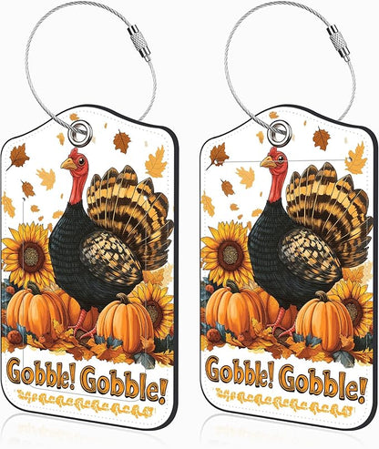 2 Pack Autumn Turkey and Pumpkin Luggage Tags for Suitcases Sunflower Leather Luggage Tags Privacy Cover ID Label with Stainless Steel Loop and Address Card for Women Men Travel Bag Backpack