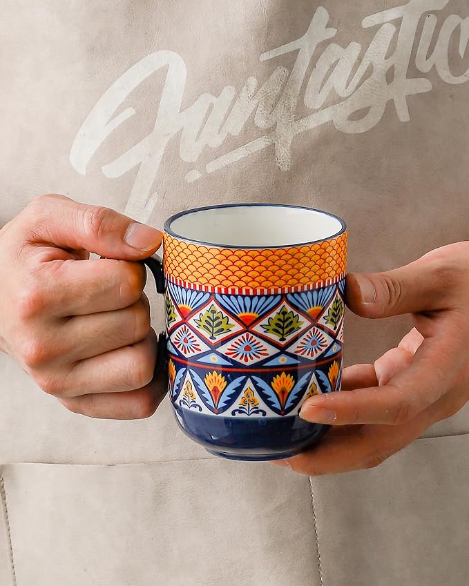 HENXFEN LEAD Boho Ceramic Coffee Mugs Set of 6, 14 oz | Assorted Patterns