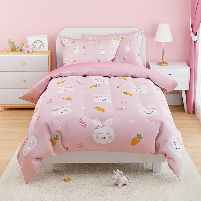 SANDJEST Rabbit Comforter Set Full Size 98x86in for Kids Girls, Microfiber 4 Pcs Bedding Set Includes 1 Comforter, 2 Pillowcases, 1 Fitted Sheet, Nursery Room Decor