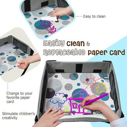 [New Version] Car Seat Organizer Kids Travel Tray for Kids Toddlers Activities in Car Seat, Stroller, Airplane | Touch Screen iPad Holder | Waterproof Dry Erase Top | Side Pocket & Water Bottle Holder