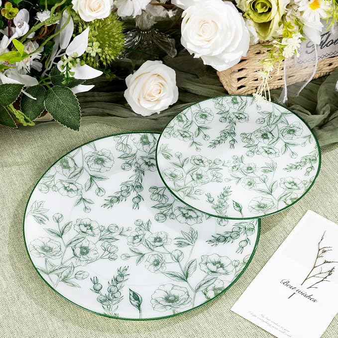 60PCS Green Floral Plastic Plates