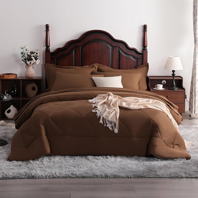 7-Piece King Comforter Set with Sheets – Soft and Breathable All-Season King Bed in a Bag, Down Alternative Comforter Set Solid Color All Season, Coffee