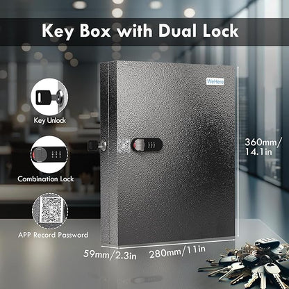 WeHere 32 Key Lock Box with Dual Lock, Combination & Key Unlock, Key Cabinet Wall Mount with Key Tag Label, Key Holder Storage Lockbox for Store, Office, Company, House, App Key Directory ERP