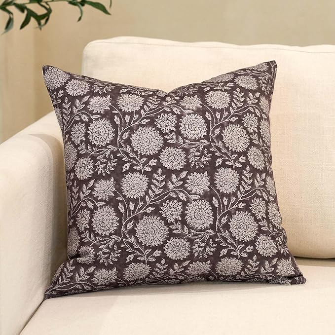 Amor Virisso Floral Pillow Covers 18x18 Throw Pillow Covers Vintage Block Print Pillow Cover Neutral Couch Pillows for Living Room Farmhouse Decorative Accent Sofa Pillows, Dark Brown