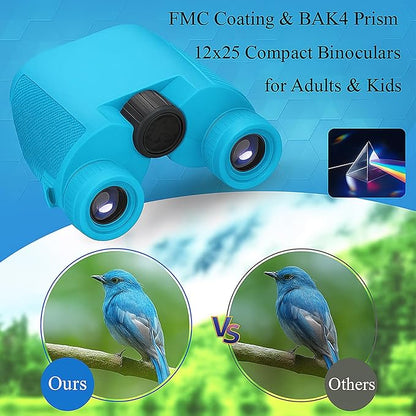 12x25 Compact Binoculars for Adults & Kids, High Powered Lightweight Waterproof Binoculars with Large Eyepiece, Low Light Vision for Bird Watching, Hunting, Travel, and Sightseeing