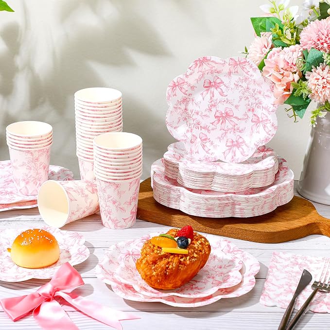 250 Pcs Pink Bow Disposable Paper Plate Napkins | Disposable Tableware Set
