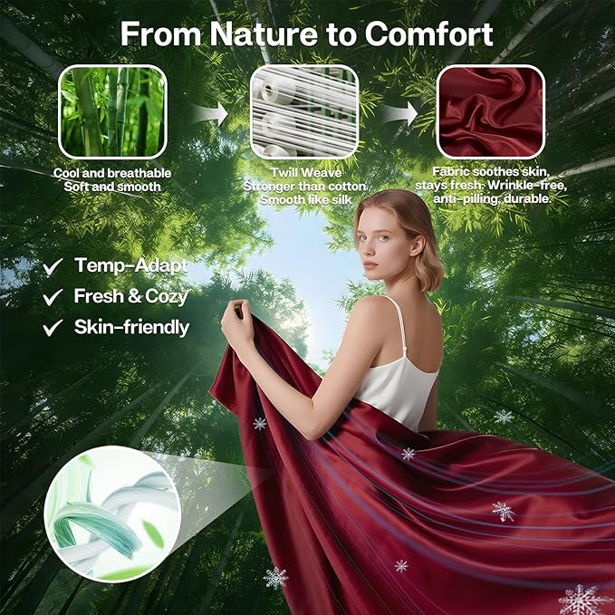 MR&HM Twin Fitted Sheet Only, Ultra-Soft Rayon Derived from Bamboo & Polyester Blend, Silky & Breathable, 15" Deep Pocket with Elastic Straps, Cooling Fitted Sheet for Hot Sleepers, Burgundy