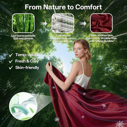 MR&HM Twin Fitted Sheet Only, Ultra-Soft Rayon Derived from Bamboo & Polyester Blend, Silky & Breathable, 15" Deep Pocket with Elastic Straps, Cooling Fitted Sheet for Hot Sleepers, Burgundy
