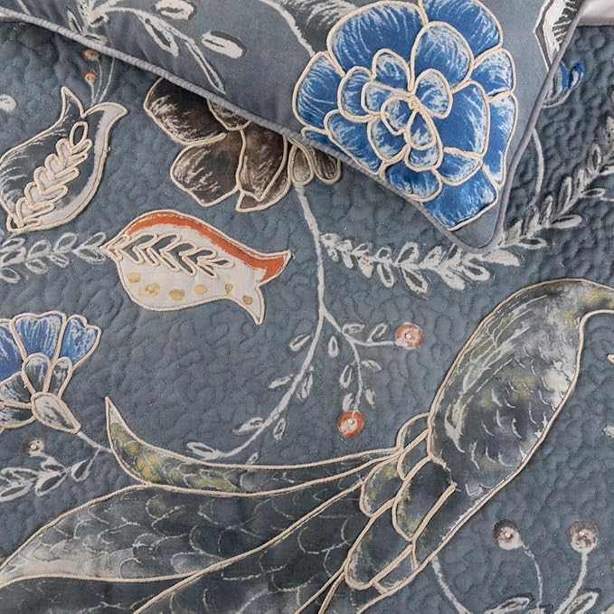 The HomeCentric Blue Bed Runner, CA King Size 86"x18" Decorative Bed Runner with Matching Pillow Cover, Blue Linen Bed Scarf in Quilted Peacock, Linen & Jute Embroidery - Peacock Willow